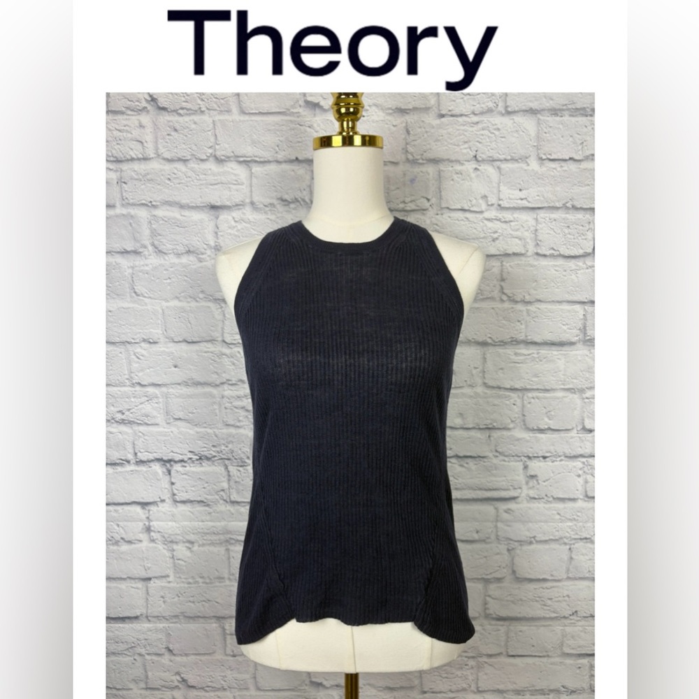 Theory Linen Fine Knit Ribbed Sleeveless Crew Neck Tank Top - Navy